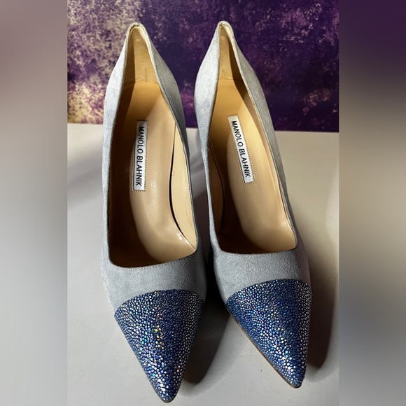 LK NEW MANOLO BLAHNIK Blue Suede Pointed Pumps Glitter Cap Toe 37.5 6.5 7 1300 - Picture 4 of 5